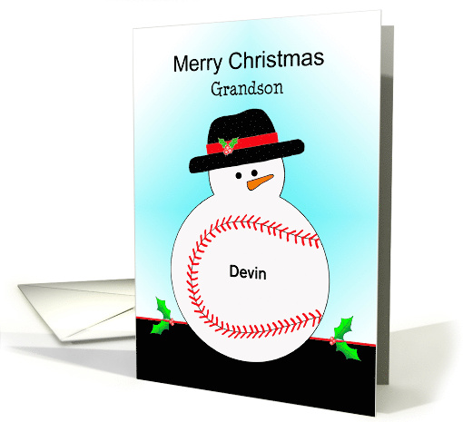 For Grandson Christmas Card-Baseball Snowman-Customizable Text card