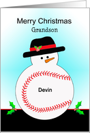 For Grandson Christmas Card-Baseball Snowman-Customizable Text card