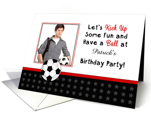 Kids Birthday Party Photo Invitation-Custom Name-Soccer Ball card