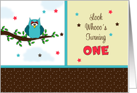 First Birthday Invitation with Owl Sitting on Tree Branch card