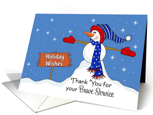 Thank You for Brave Service Christmas Card-Patriotic Snowman-Snow card