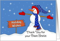 Thank You for Brave Service Christmas Card-Patriotic Snowman-Snow card