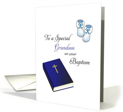 For Grandson Baptism Card-Bible, Cross and Baby Booties card (1177028)
