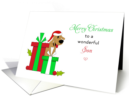 For Son Christmas Card-Brown Dog-Santa Hat-Christmas Presents card