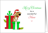 For NIece Christmas Card-Brown Dog-Santa Hat-Christmas Presents card