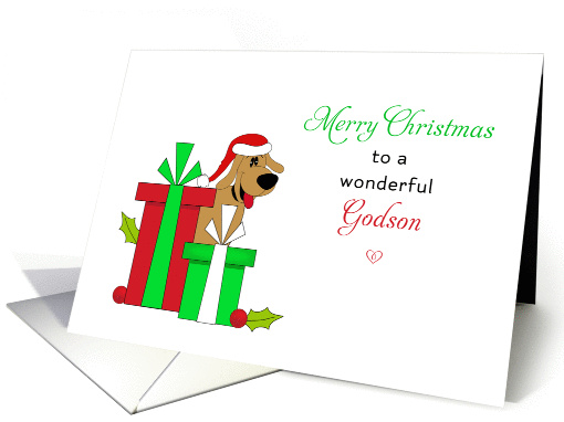 For Godson Christmas Card-Brown Dog-Santa Hat-Christmas Presents card