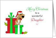 For Daughter Christmas Card-Brown Dog-Santa Hat-Christmas Presents card