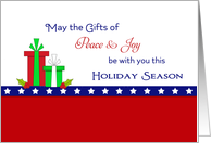 Patriotic Christmas Card-Peace & Joy-Christmas Presents & Stars card