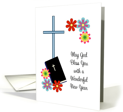 Religious New Year Card-Flowers, Cross and Bible card (1181216)