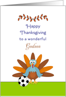 For Godson Thanksgiving Card-Turkey-Soccer Ball-Futbol & Leaf Design card