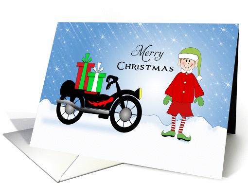 Motorcycle Christmas Card-Elf-Christmas Presents-Merry Christmas card