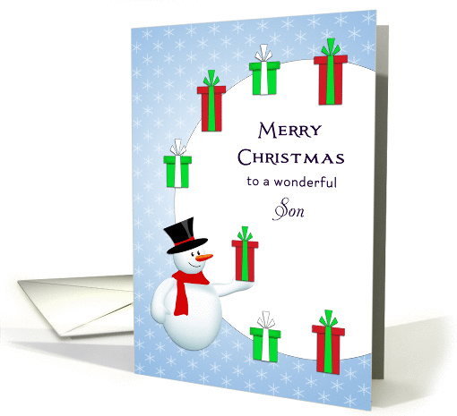 For Son Christmas Card-Snowman-Circle of Christmas Presents card