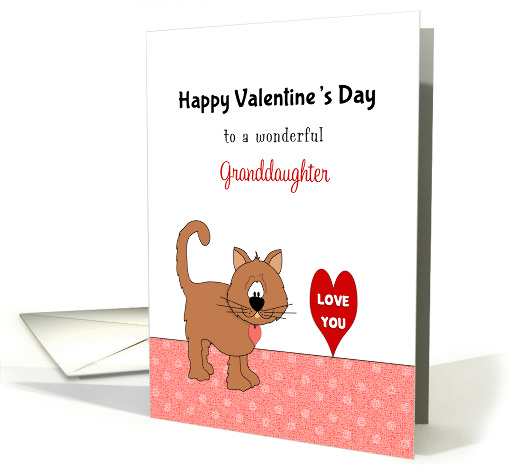 For Granddaughter Valentine's Day Card-Brown Cat with Red Heart card