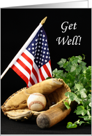Baseball Get Well Greeting Card with Baseball Mitt-Flag-Ivy-Bat and Ba card