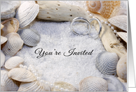 Beach Theme Wedding Invitation-Shells, Silver Rings and White Sand card