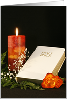Religious Blank Note Card with Orange Candle-White Bible-Orange Rose card
