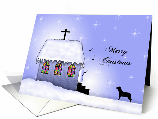 Religious Christmas Card-Snow Scene-Church-Cross-Dog-Snowing card
