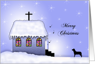 Religious Christmas Card-Snow Scene-Church-Cross-Dog-Snowing card