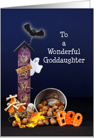 Halloween Greeting Card for Goddaughter-Spook House-Bat-Ghost-Pumpkin card