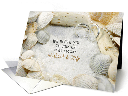 Beach Wedding Invitation Greeting Card-Shells, Sand and Rings card