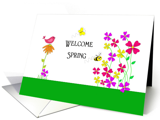 Welcome Spring Greeting Card-Butterfly-Bee-Bird and Flowers card