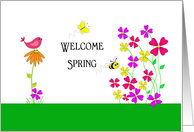 Welcome Spring Greeting Card-Butterfly-Bee-Bird and Flowers card