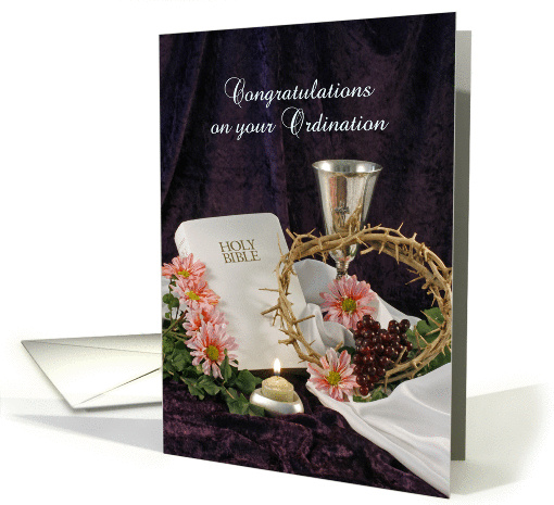 Ordination Greeting Card with White Bible-Crown of Thorns-Chalice card
