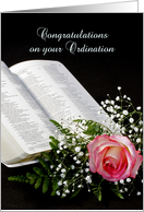 General Ordination Greeting Card with Bible and Pink Rose card