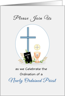 For Priest-Ordination Party Invitation-Cross-Bible-Chalice-Wafer card