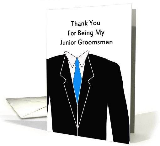 Junior Groomsman Thank You Greeting Card-Black Tuxedo-Blue Tie card