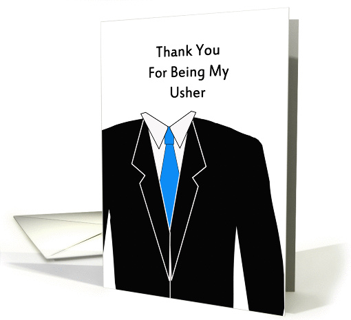 Usher Thank You Greeting Card-Black Suit-Blue Tie-Groomsman card