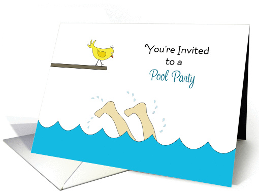 Pool Party Invitation-Diving Swimmer-Yellow Bird on Diving Board card