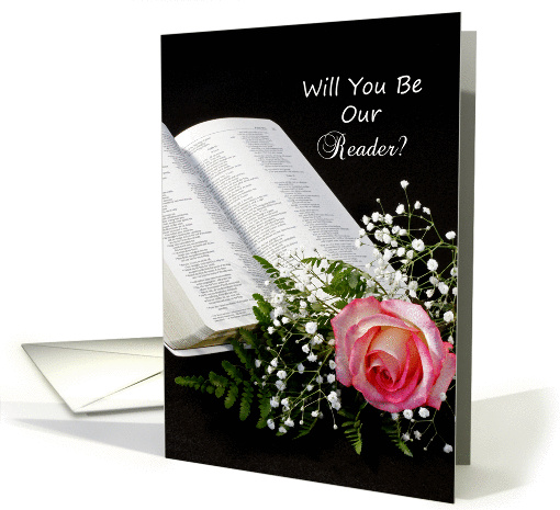 Be Our Reader Invitation Greeting Card-Pink Rose and Open Bible card