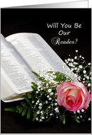 Be Our Reader Invitation Greeting Card-Pink Rose and Open Bible card