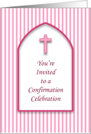 Confirmation Invitation with Pink and White Stripes and Pink Cross card