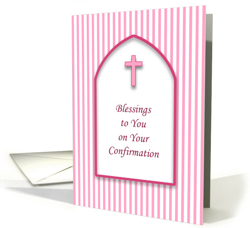 Confirmation Greeting Card with Pink Stripes and Pink Cross card