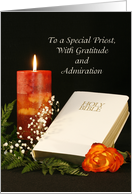 Thank You For Being a Priest Greeting Card-Orange Candle-White Bible card