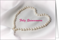 Feliz Quinceanera Greeting Card with Pearl Heart Necklace card