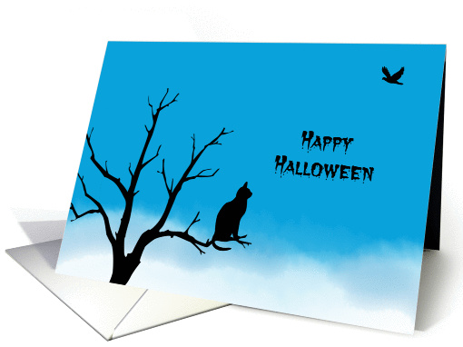 General Halloween Card with Cat Silhouette, Tree and Bird card