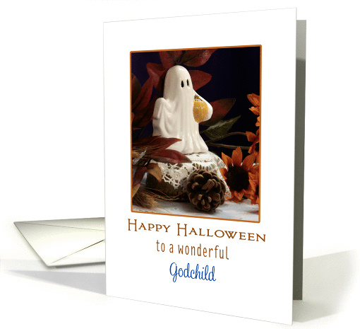 For Godchild Halloween Card with Ghost, Pine Cones and Leaves card