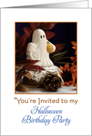 Halloween Birthday Party Invitation with Ghost, Pine Cones and Leaves card