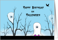 Birthdday on Halloween Greeting Card with Ghost, Trees and Birds card