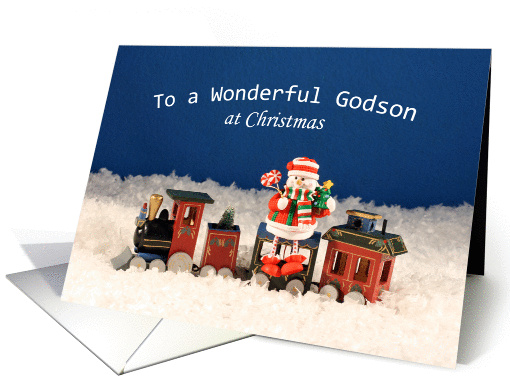 Godson Christmas Greeting Card-Wooden Train-Snowman-Snow Scene card
