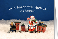 Godson Christmas Greeting Card-Wooden Train-Snowman-Snow Scene card