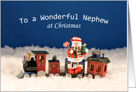 Nephew Christmas Greeting Card-Snowman-Wooden Train-Snow Scene card