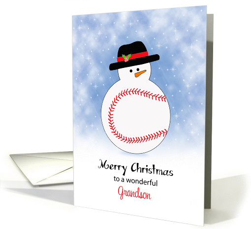 For Grandson Christmas Card Snowman Baseball Theme-Snow Scene card