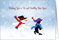 Fitness Healthy New Year Card-Snowman and Penguin Walking card