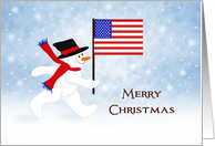 Patriotic Christmas Card with Snowman-American Flag-Snow Scene card
