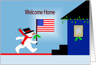 Welcome Home Soldier Greeting Card with Snowman Holding American Flag card