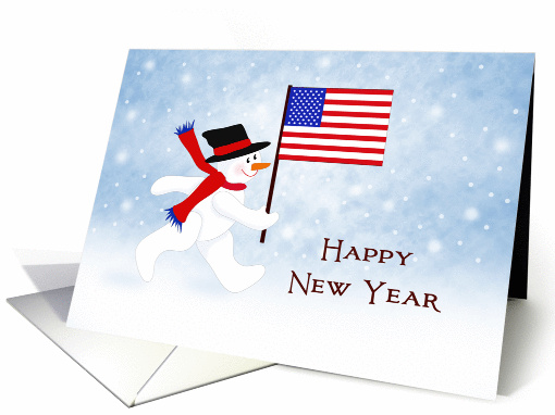 Patriotic New Year Card-Snowman Carrying American Flag in... (541452)